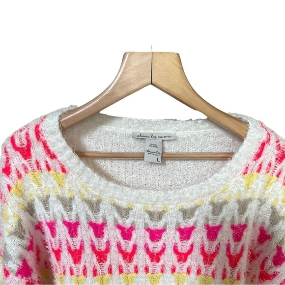 American Rag Cie Bright Pink & Yellow Patterned Fuzzy Soft Sweater, Size Large - Picture 3 of 10